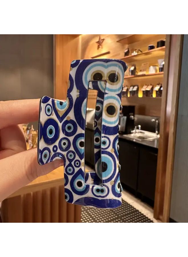 Evil Eye Print PVC Hair Clip Blue White Rectangular Hair Accessory For Women Teens - Image 2